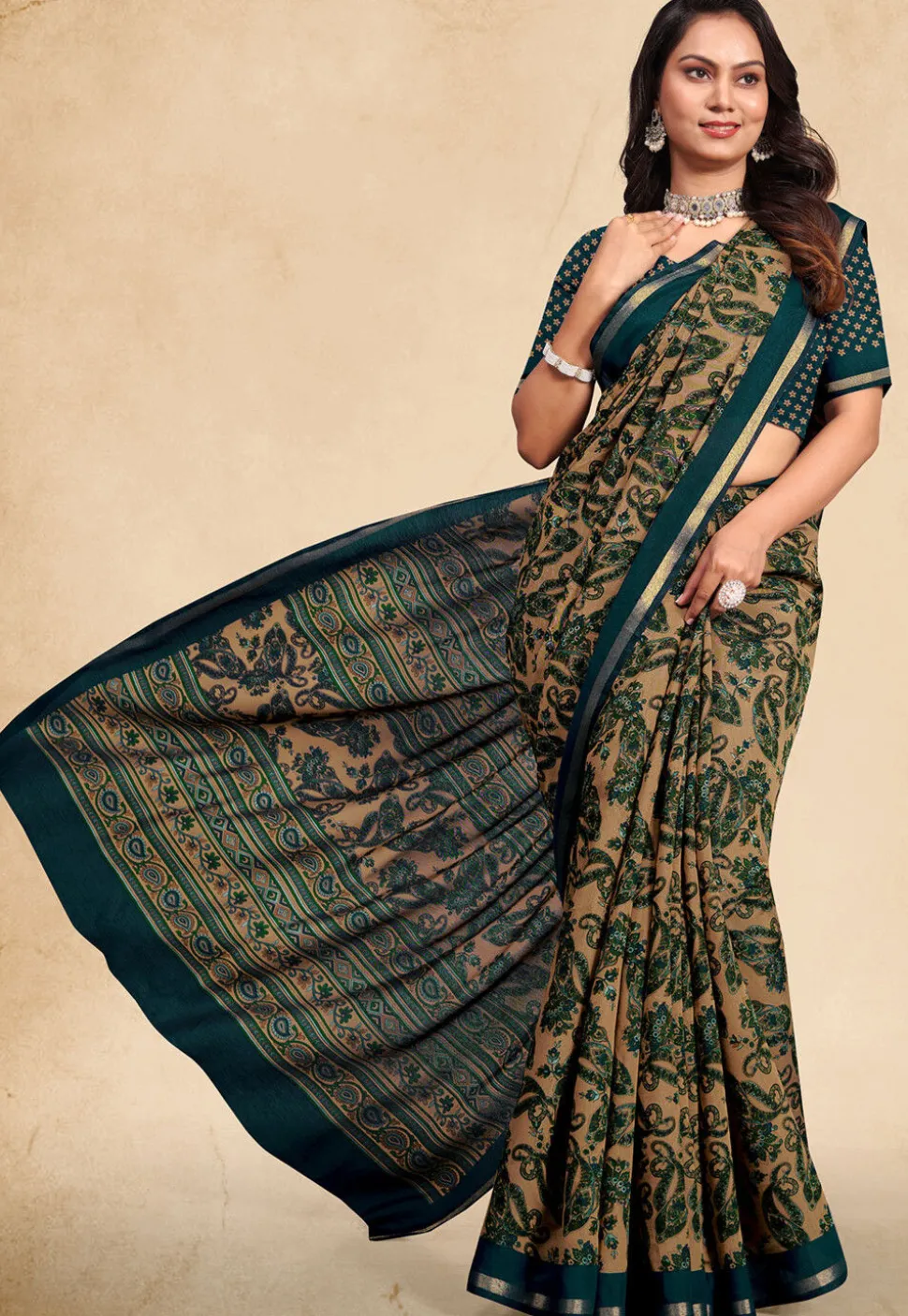 Digital Printed Cotton Saree in Beige