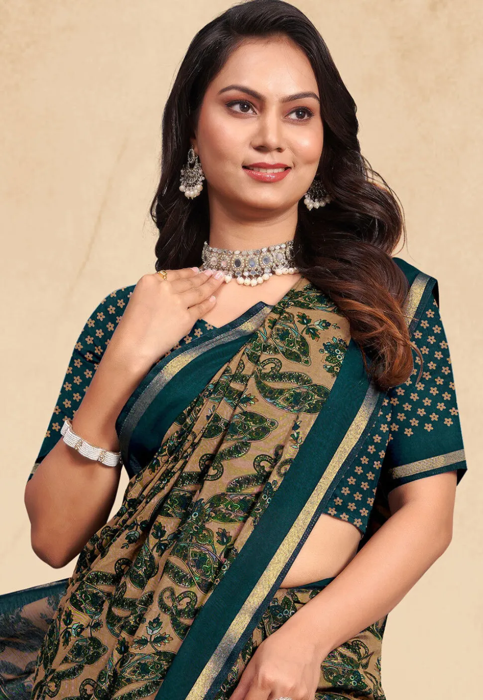 Digital Printed Cotton Saree in Beige