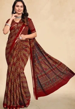 Digital Printed Cotton Saree in Maroon