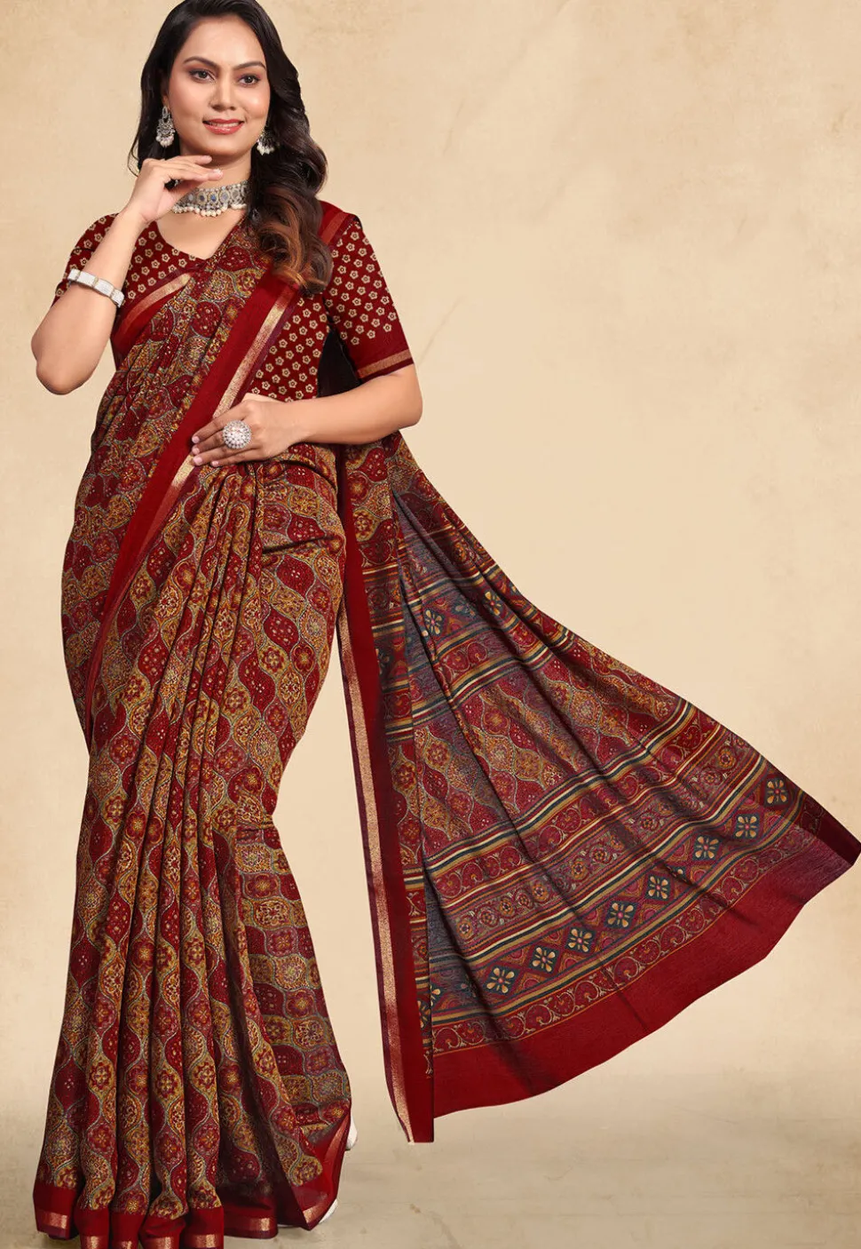 Digital Printed Cotton Saree in Maroon
