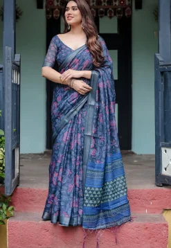Digital Printed Cotton Saree in Navy Blue