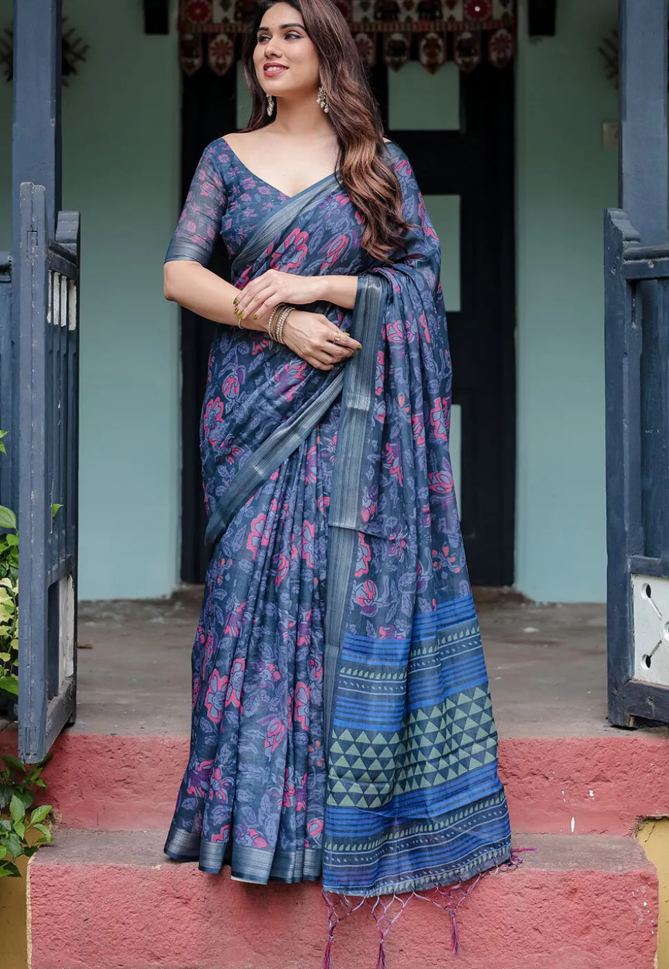 Digital Printed Cotton Saree in Navy Blue