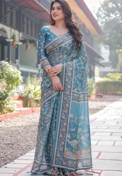 Digital Printed Cotton Saree in Teal Blue