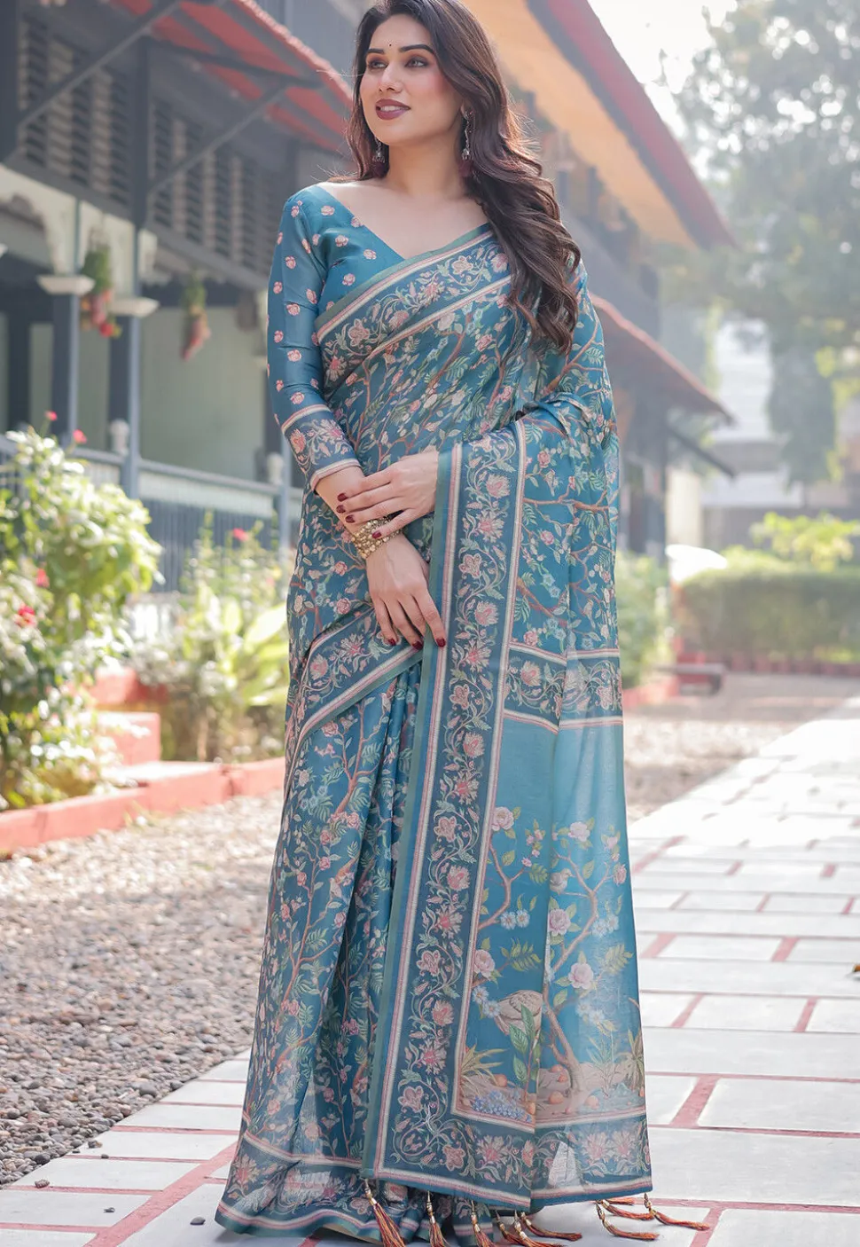 Digital Printed Cotton Saree in Teal Blue