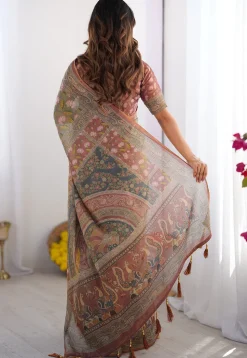 Digital Printed Cotton Saree in Dusty Green