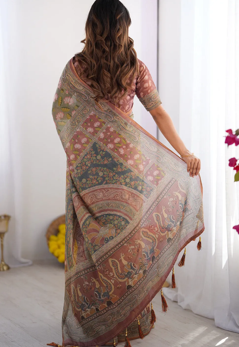 Digital Printed Cotton Saree in Dusty Green