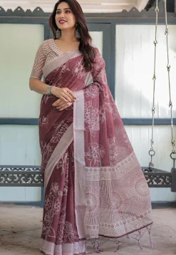 Digital Printed Cotton Saree in Maroon