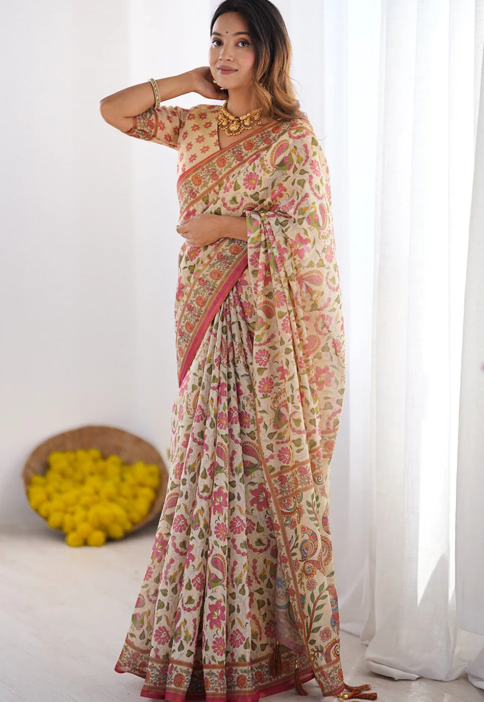Digital Printed Cotton Saree in Cream