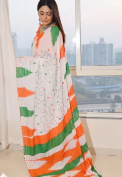 Digital Printed Cotton Saree in Off White