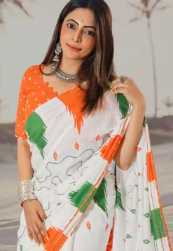 Digital Printed Cotton Saree in Off White