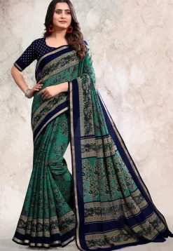 Digital Printed Cotton Saree in Teal Green