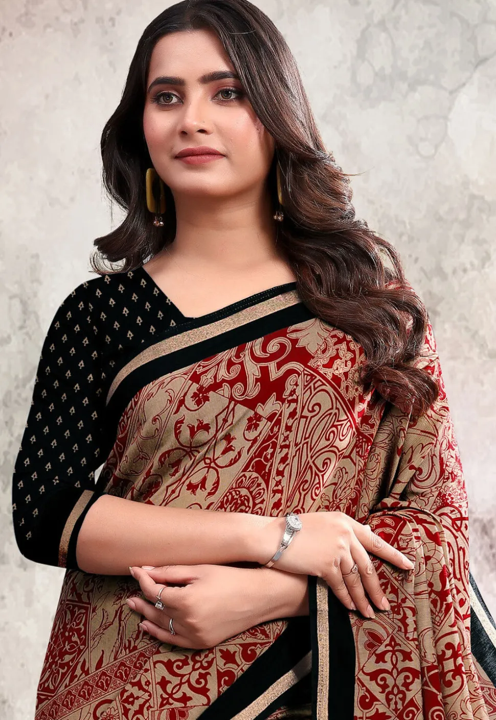 Digital Printed Cotton Saree in Beige
