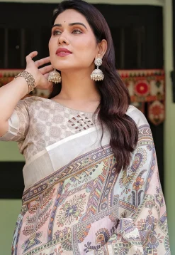 Digital Printed Cotton Saree in Off White