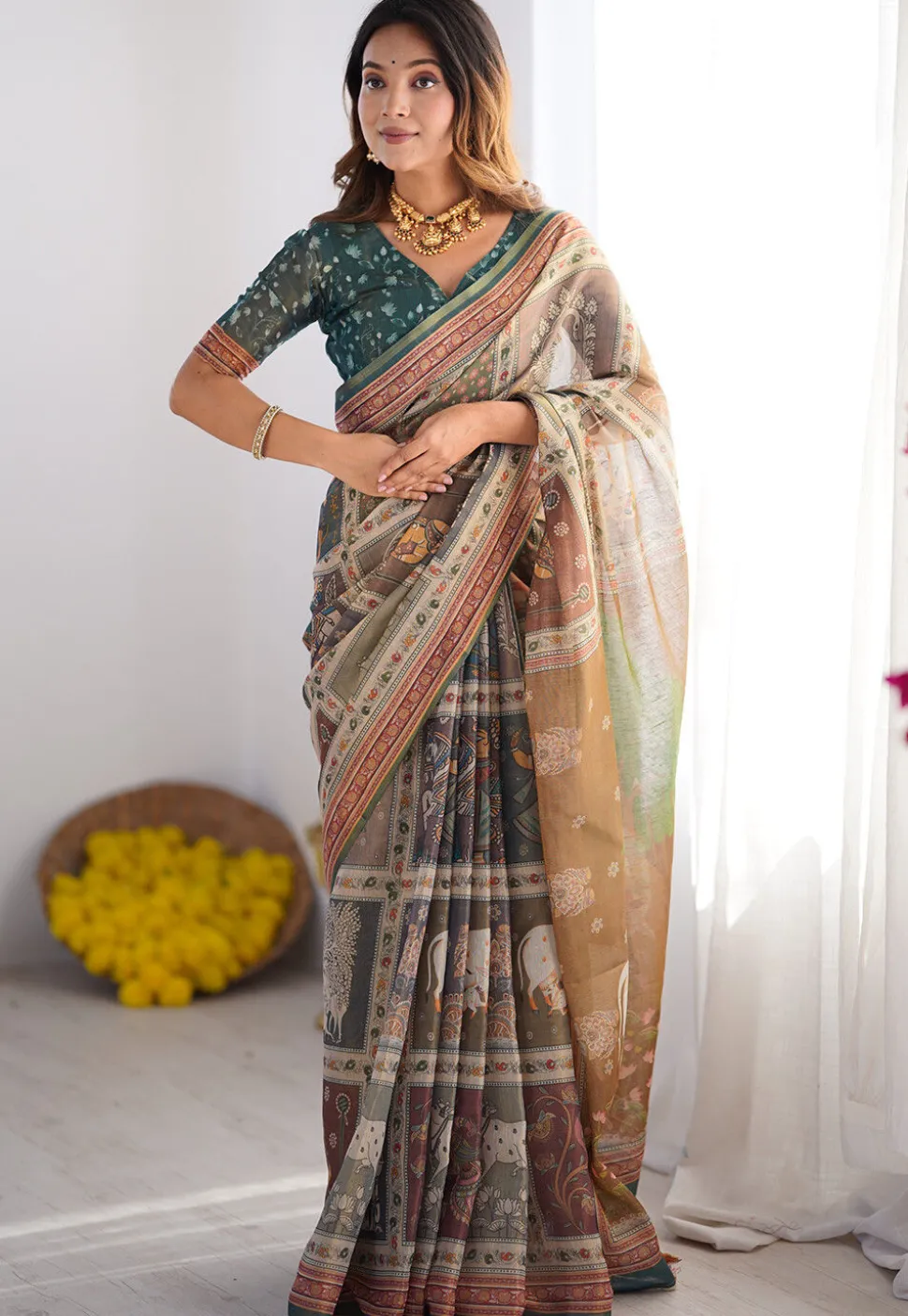 Digital Printed Cotton Saree in Multicolor