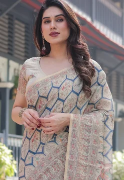 Digital Printed Cotton Saree in Beige