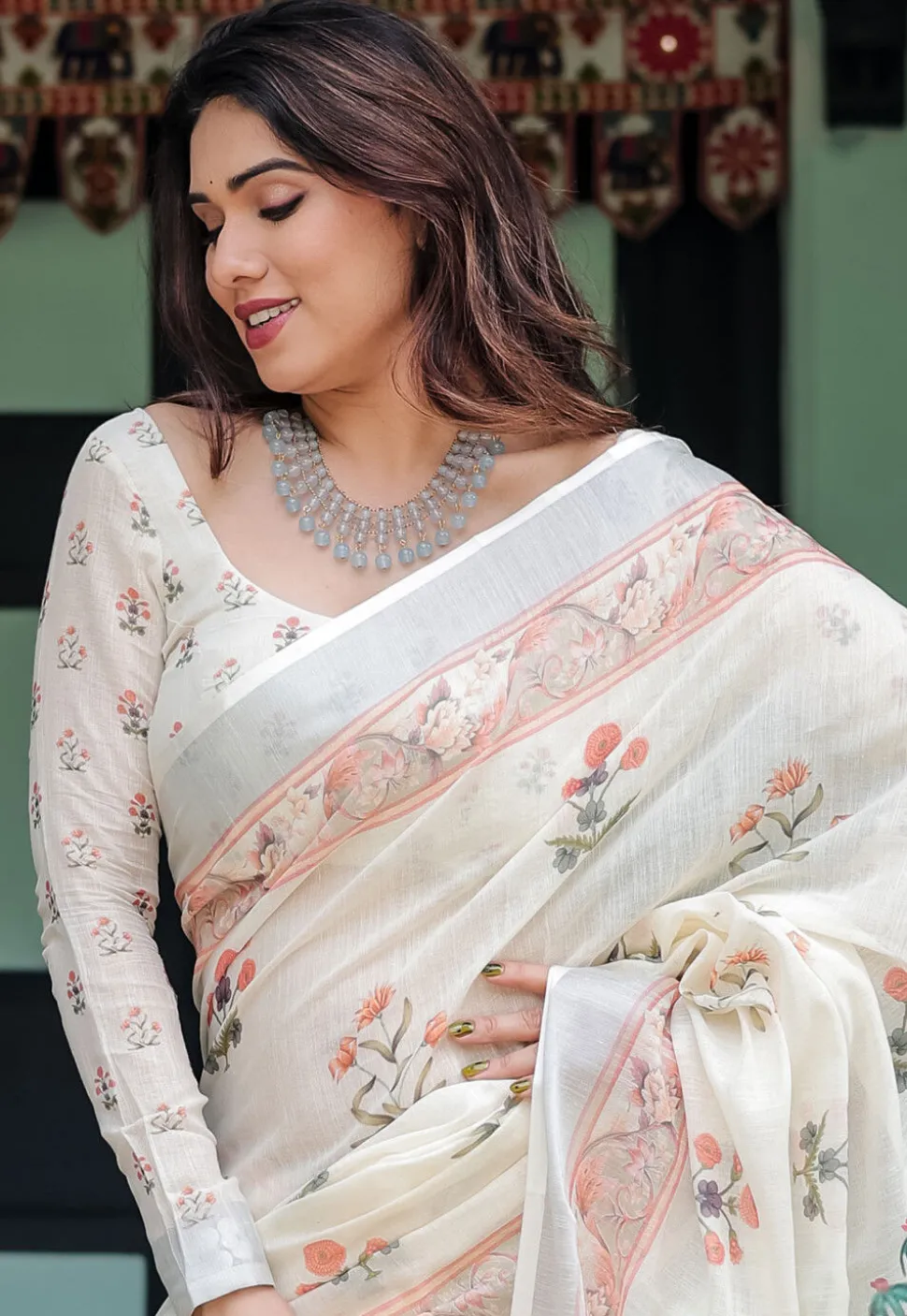 Digital Printed Cotton Saree in Off White