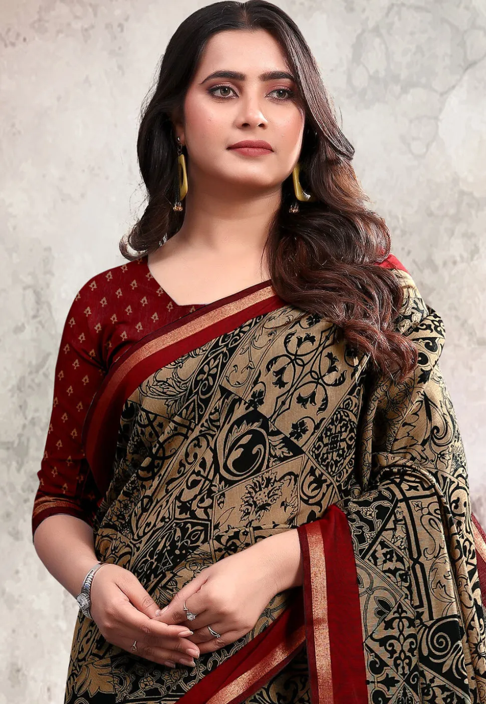 Digital Printed Cotton Saree in Beige