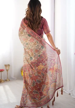 Digital Printed Cotton Saree in Cream