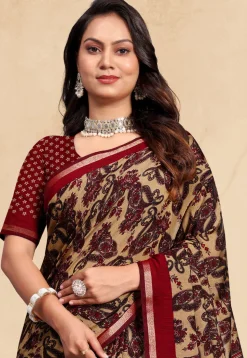 Digital Printed Cotton Saree in Beige