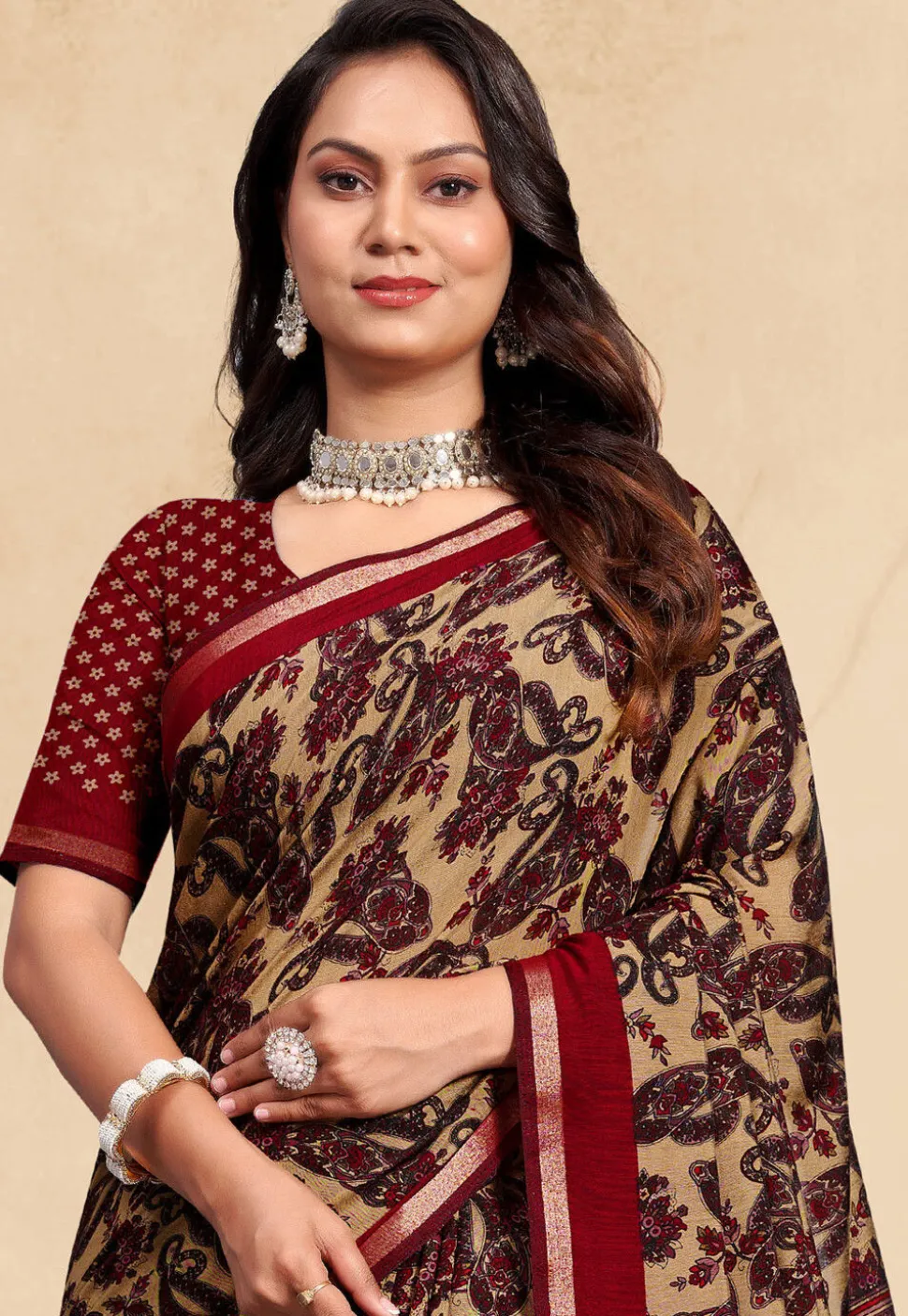 Digital Printed Cotton Saree in Beige