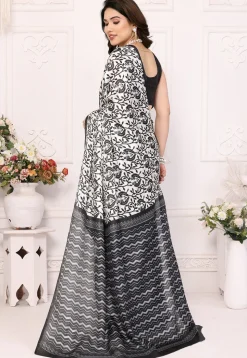 Digital Printed Cotton Saree in Off White