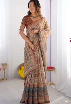 Digital Printed Cotton Saree in Cream