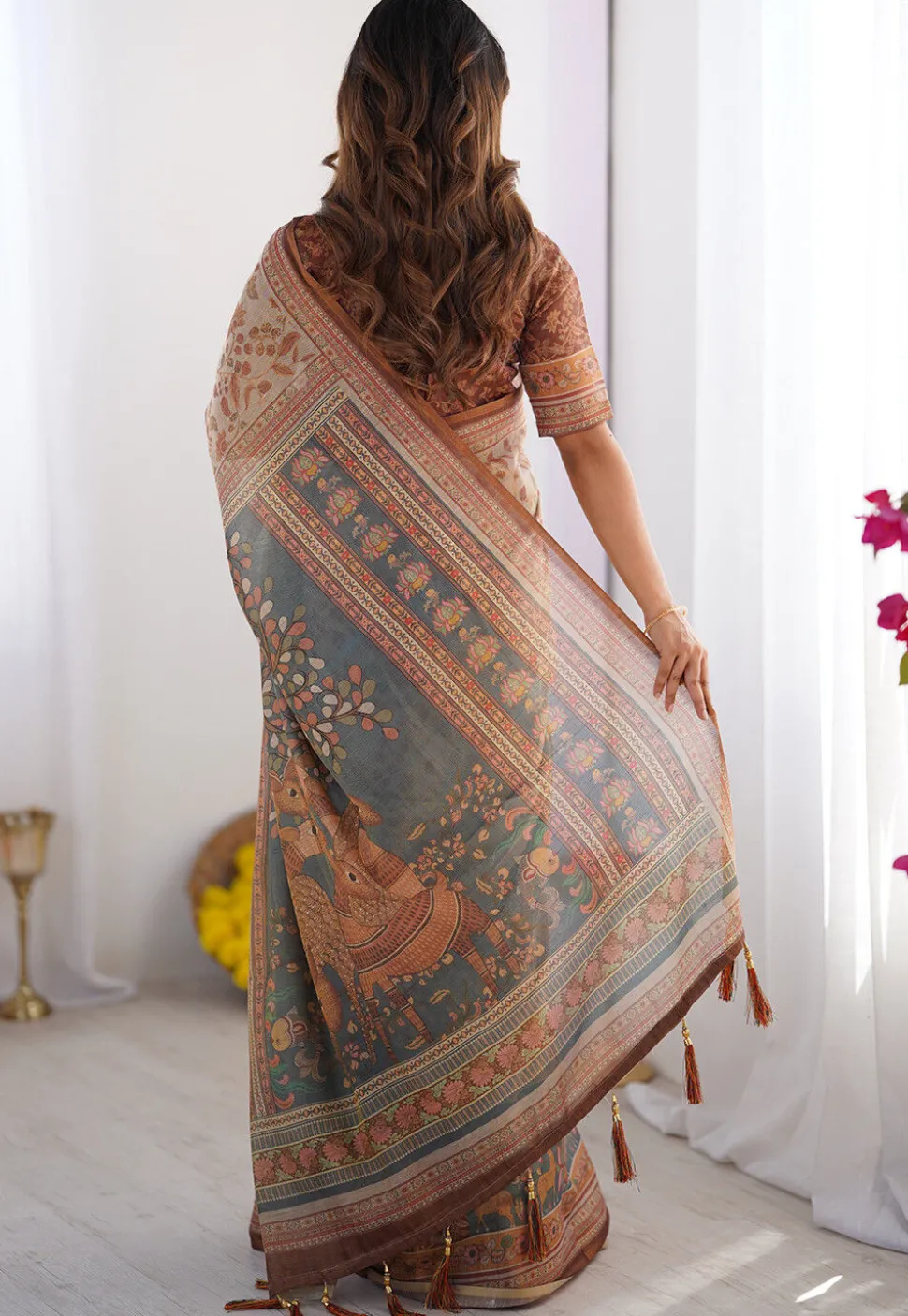 Digital Printed Cotton Saree in Cream