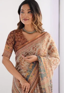 Digital Printed Cotton Saree in Cream