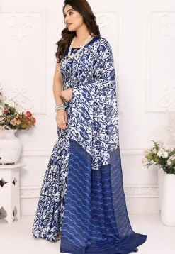 Digital Printed Cotton Saree in Off White