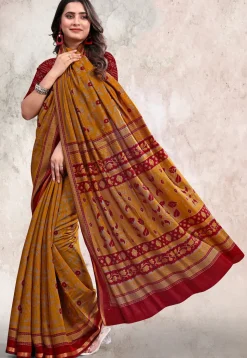 Digital Printed Cotton Saree in Mustard
