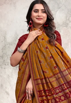 Digital Printed Cotton Saree in Mustard