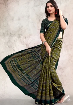 Digital Printed Cotton Saree in Olive Green