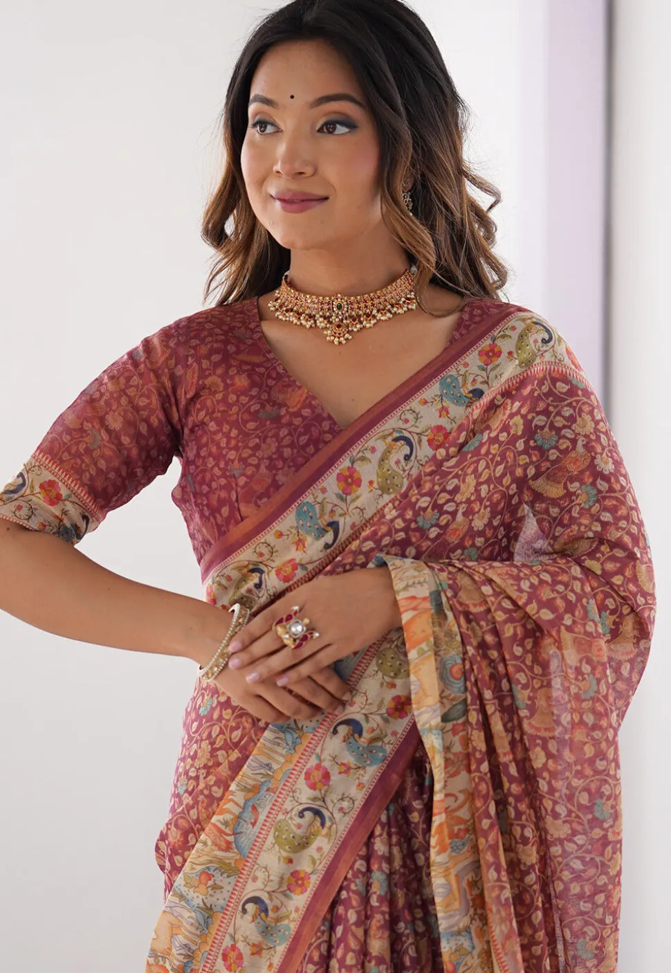 Digital Printed Cotton Saree in Maroon