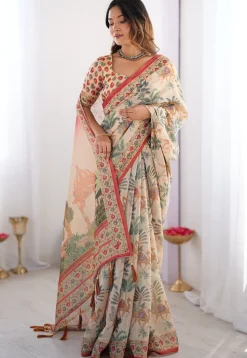 Digital Printed Cotton Saree in Beige