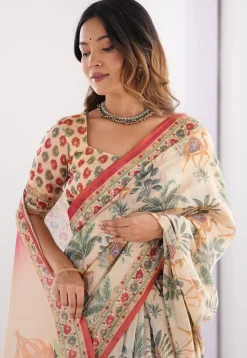 Digital Printed Cotton Saree in Beige