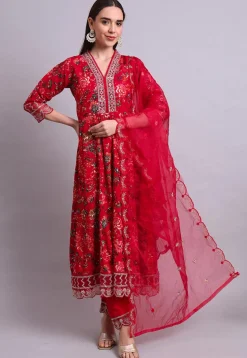 Digital Printed Cotton Scalloped A Line Suit in Red
