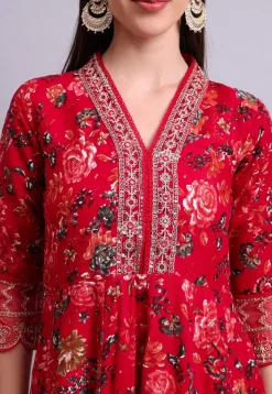Digital Printed Cotton Scalloped A Line Suit in Red