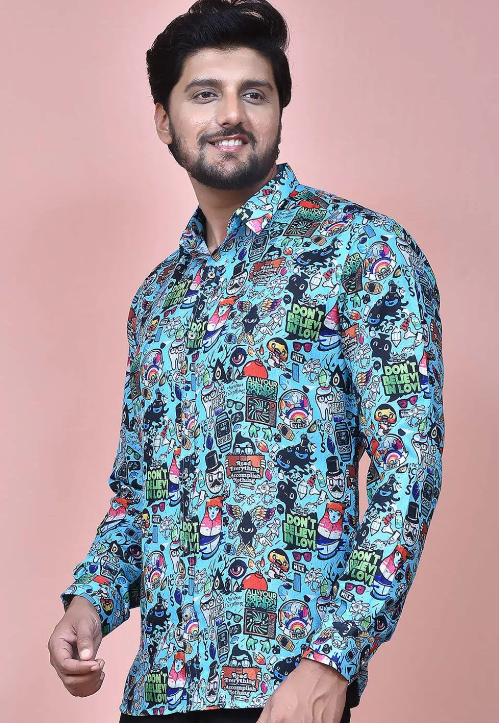 Digital Printed Cotton Shirt in Sky Blue