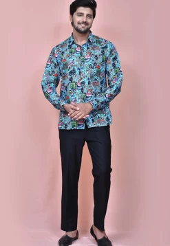 Digital Printed Cotton Shirt in Sky Blue