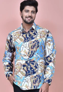 Digital Printed Cotton Shirt in Blue