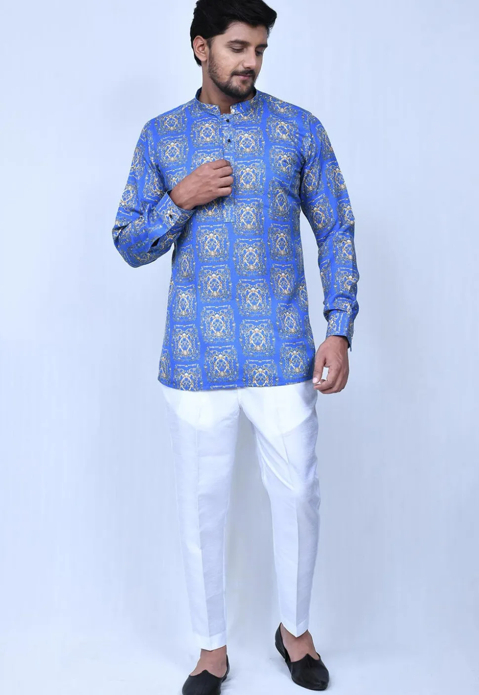 Digital Printed Cotton Short Kurta Set in Blue