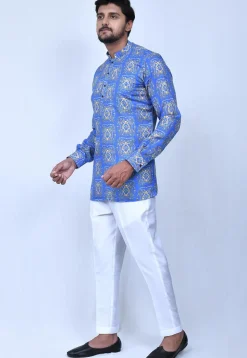 Digital Printed Cotton Short Kurta Set in Blue