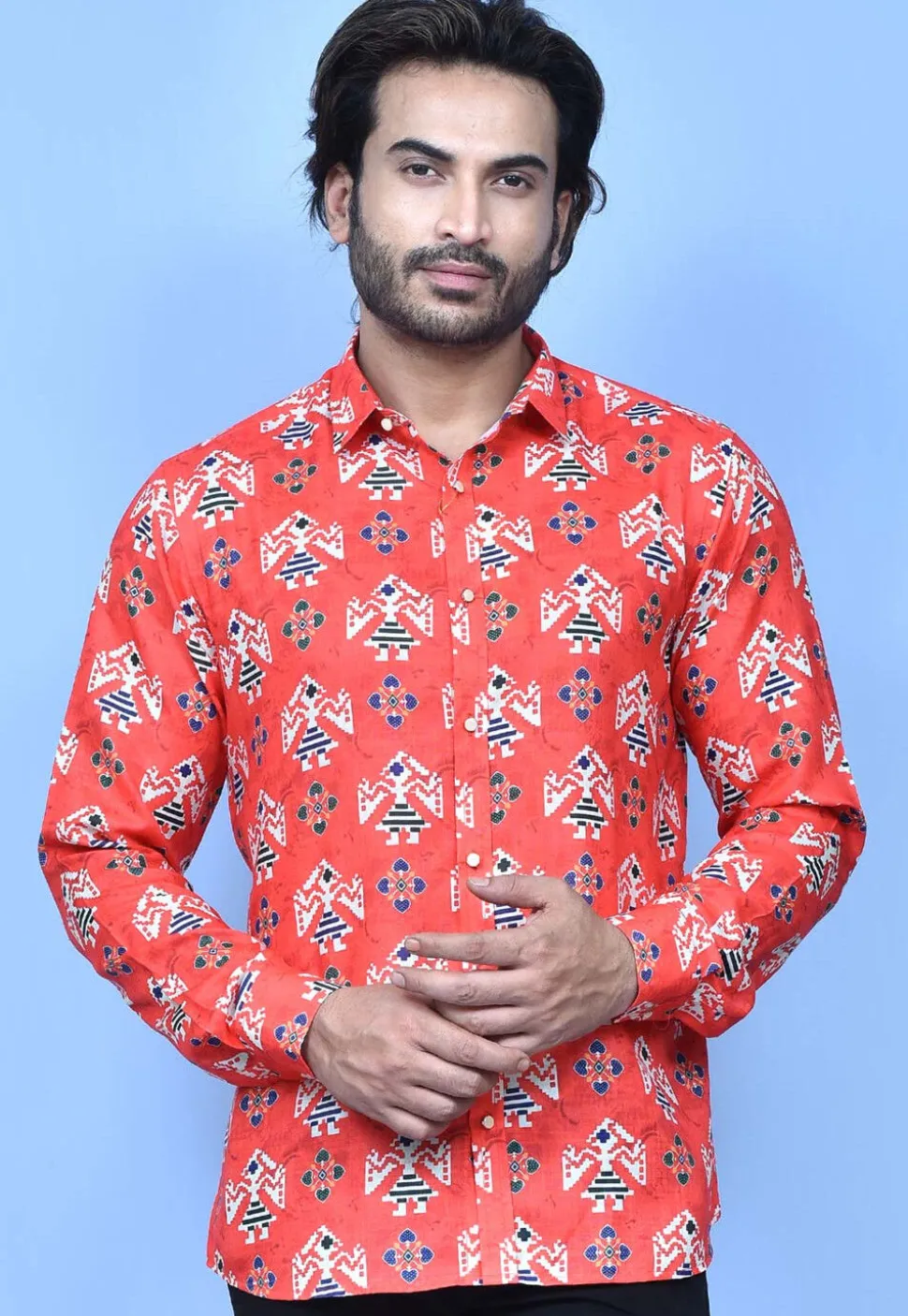 Digital Printed Cotton Shirt in Coral Red