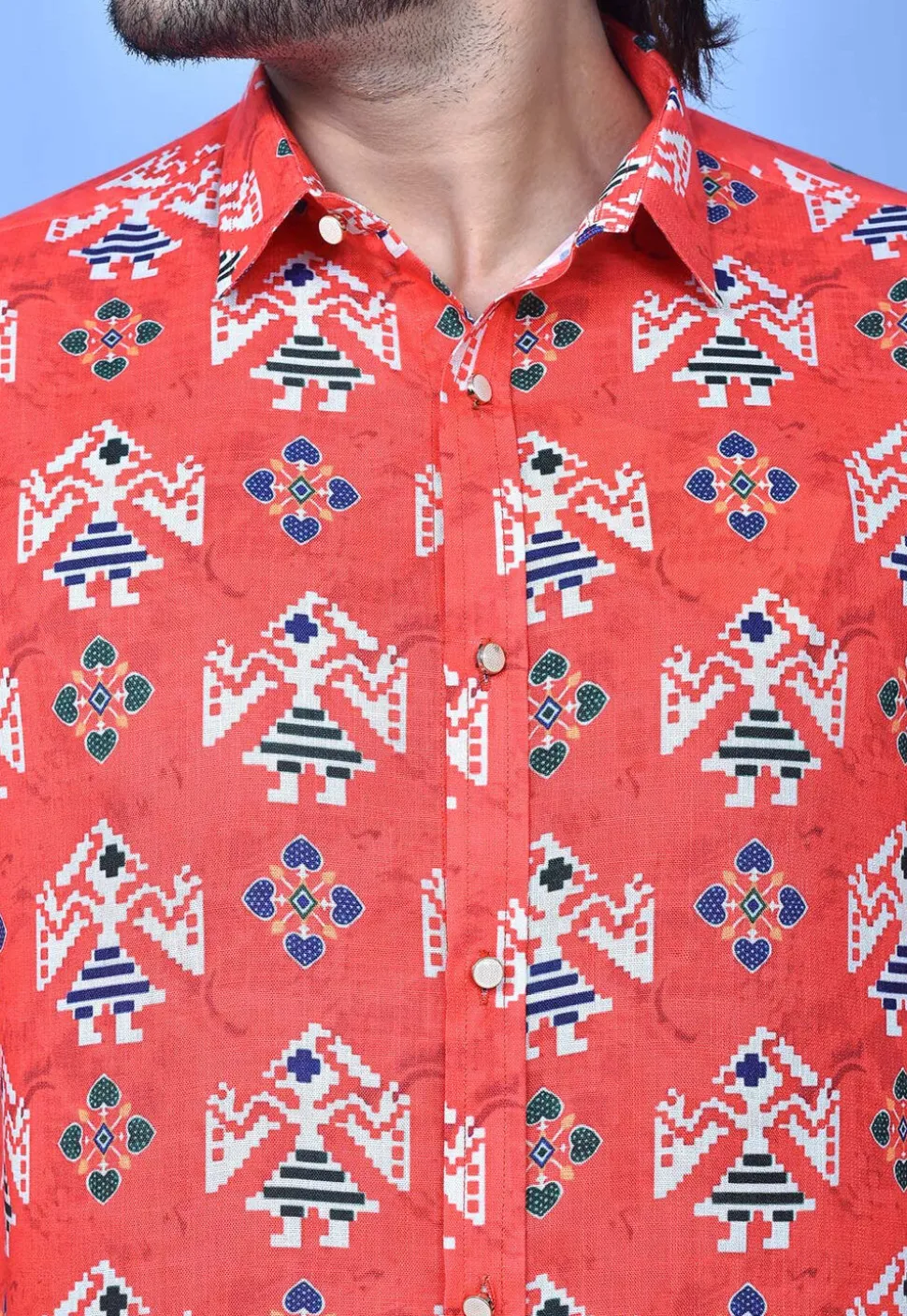 Digital Printed Cotton Shirt in Coral Red
