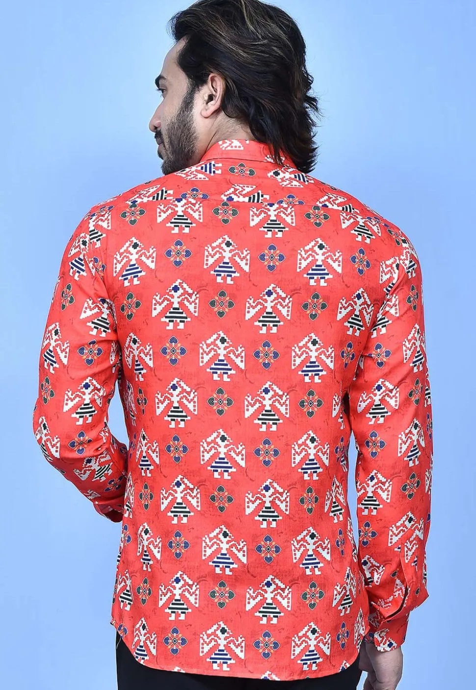 Digital Printed Cotton Shirt in Coral Red