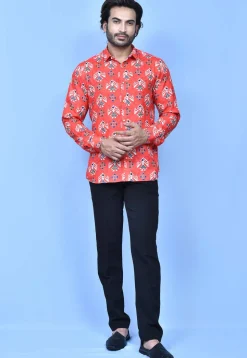 Digital Printed Cotton Shirt in Coral Red