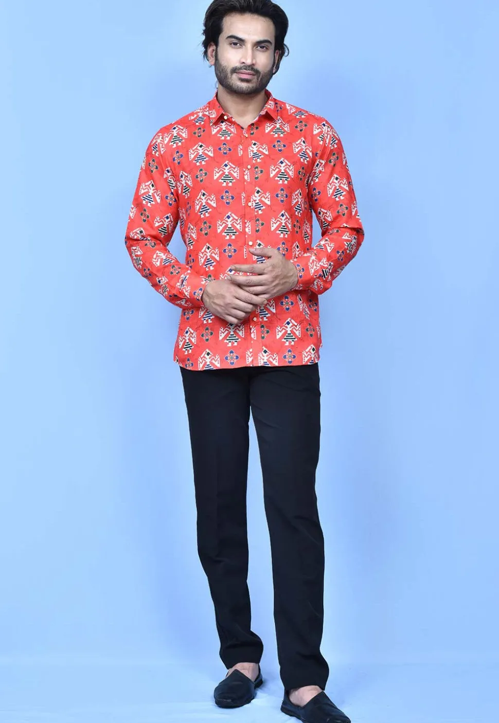 Digital Printed Cotton Shirt in Coral Red