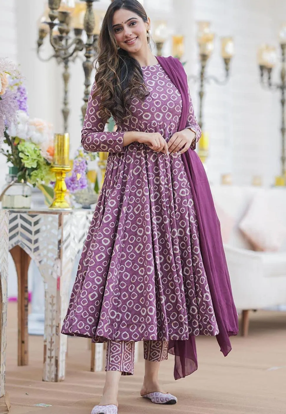 Digital Printed Cotton Silk Aline Suit in Purple