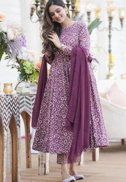 Digital Printed Cotton Silk Aline Suit in Purple