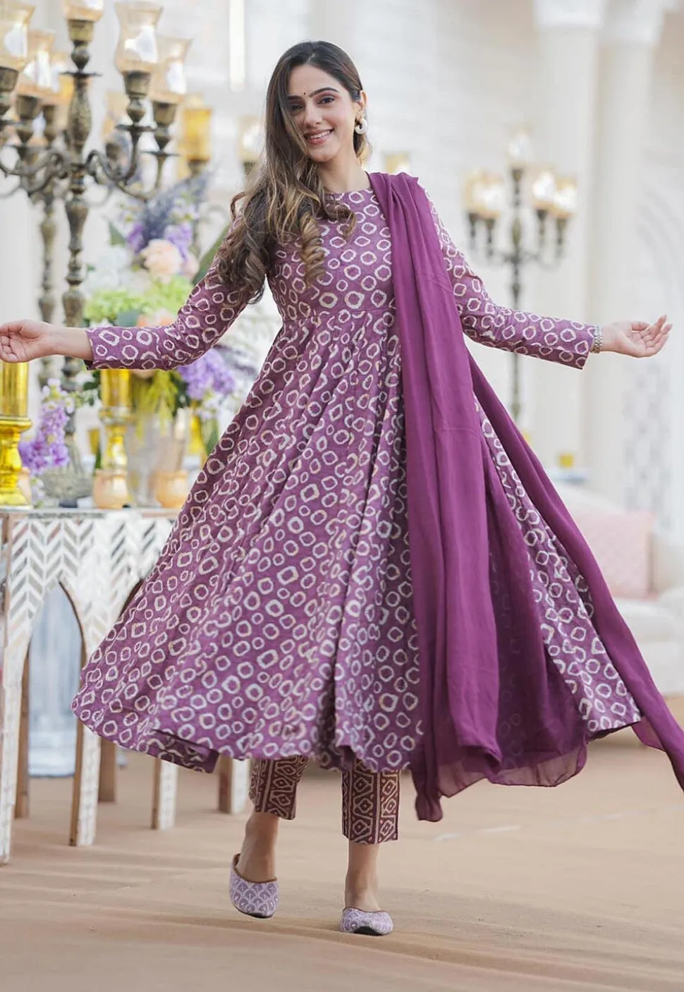 Digital Printed Cotton Silk Aline Suit in Purple